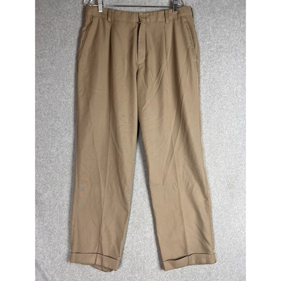 Nike Golf Dri-Fit Golf Pants Men 36X34 Khaki FitDry Pleated Cuffed Swoosh Logo - Picture 1 of 11